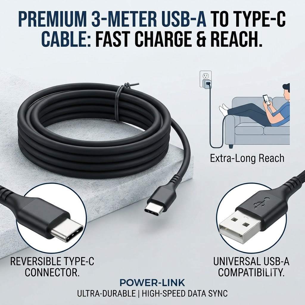 Power-Link 3-Meter (10.5ft) USB-A to Type-C Fast Charging & Data Sync Cable – Durable TPE Design