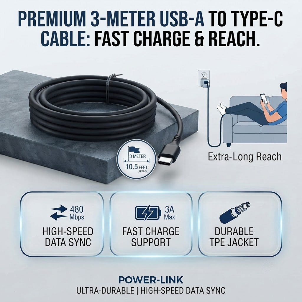 Power-Link 3-Meter (10.5ft) USB-A to Type-C Fast Charging & Data Sync Cable – Durable TPE Design
